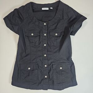New York & Co. Button Down Shirt Womens XS Black Stretchy Fit Flare Office Top